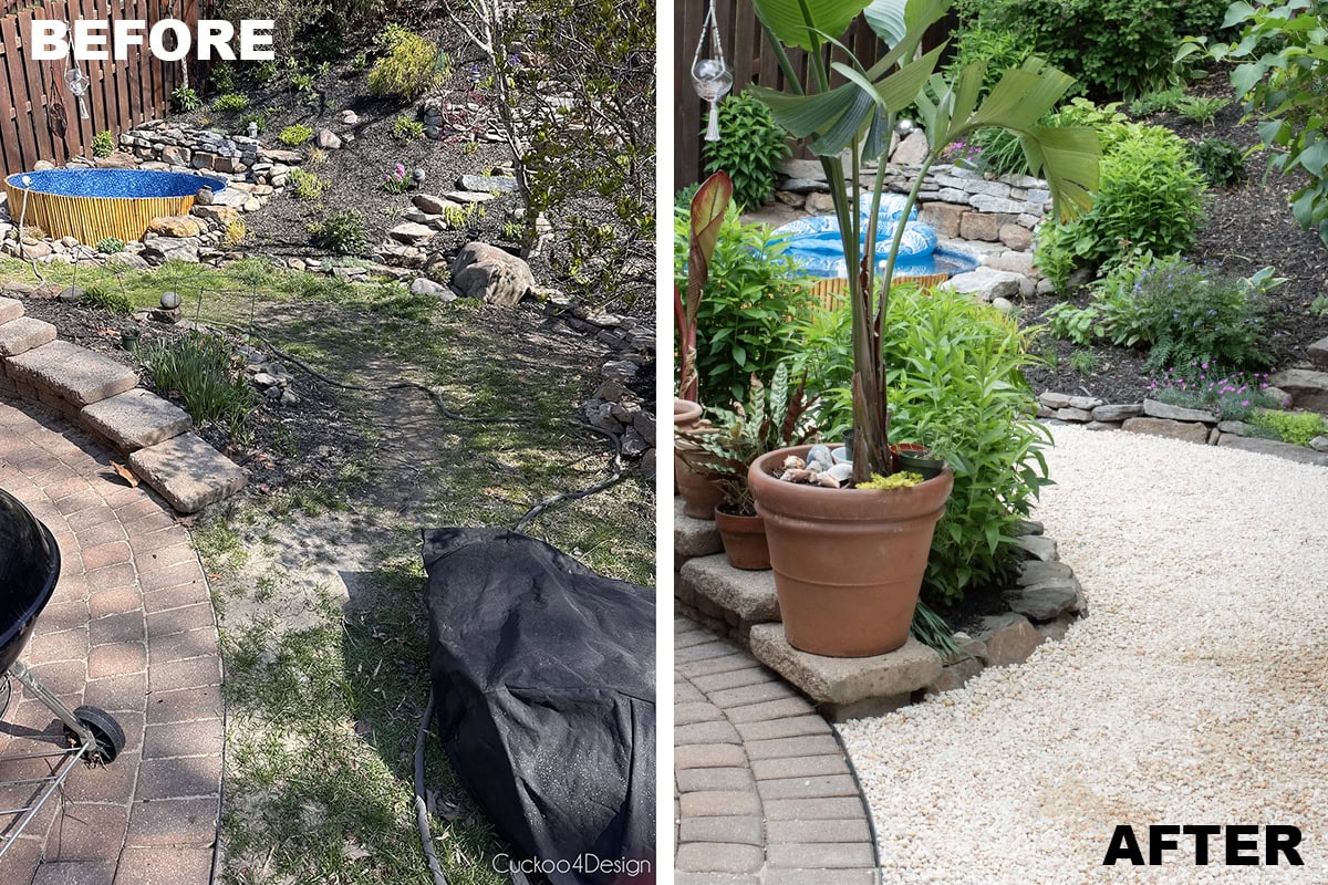 side yard view of pea gravel area of stock tank pool before and after replacing grass with pea gravel