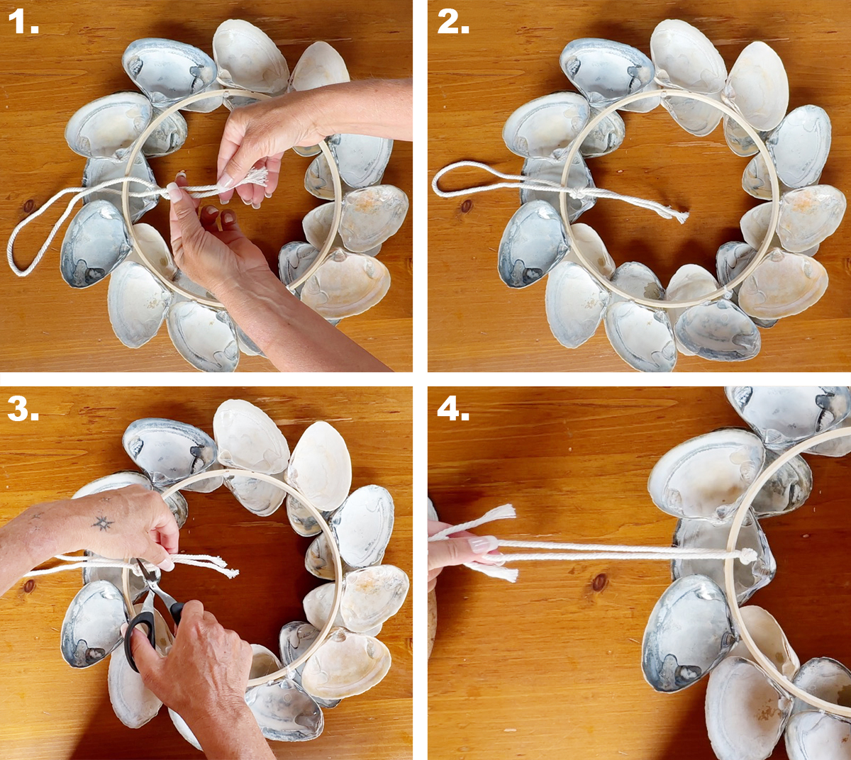 knotting a cord to the back of the seashell wreath for hanging
