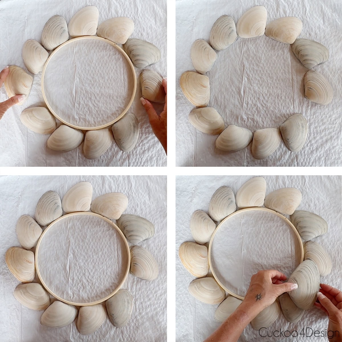 laying out the first layer of clam shells around the embroidery hoop
