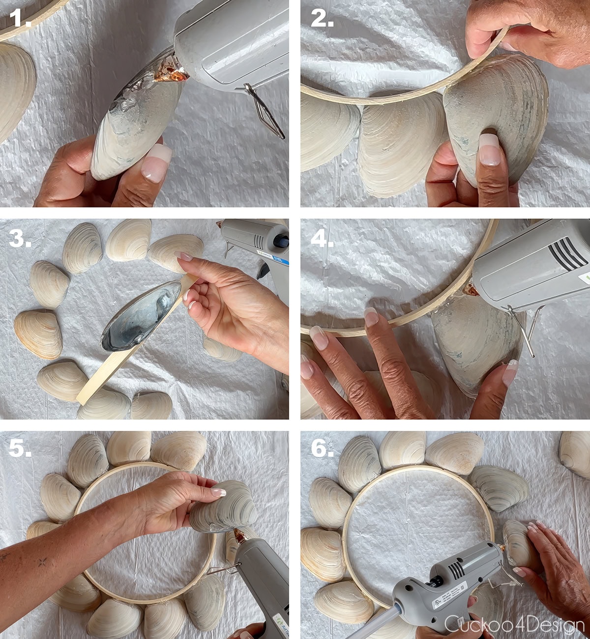 gluing the first layer of clamshells to the wooden embroidery hoop