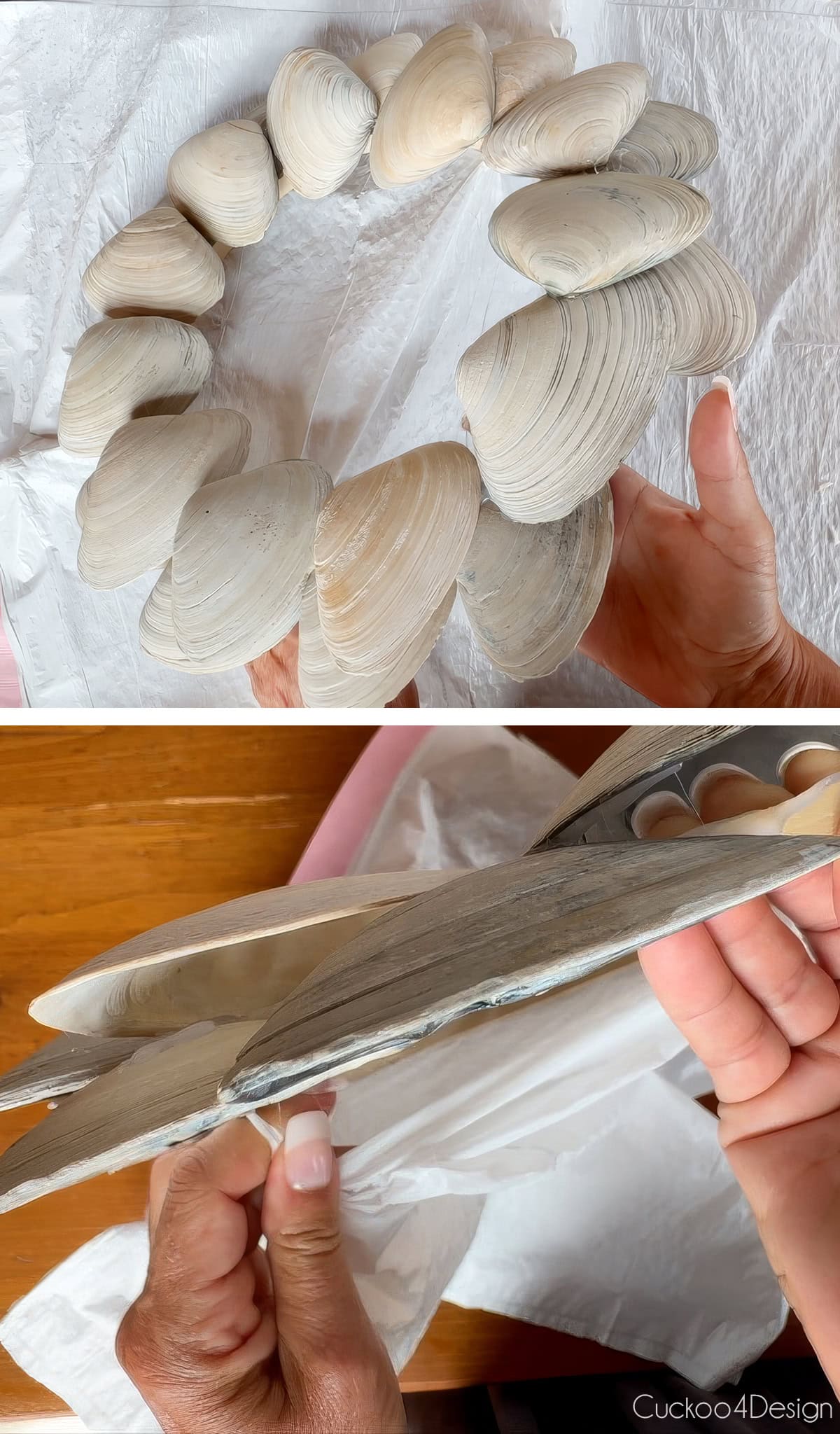 tearing the plastic bag from the back of the DIYseashell wreath