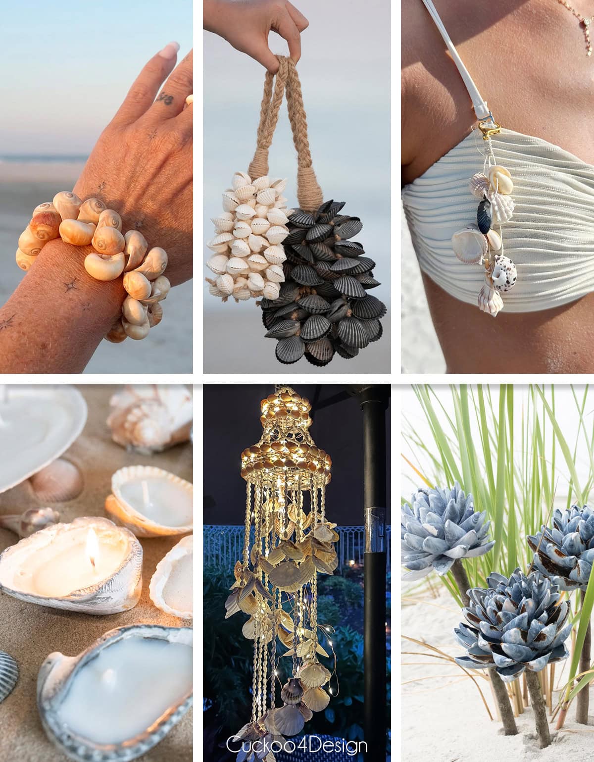 image collage of six different seashell craft projects