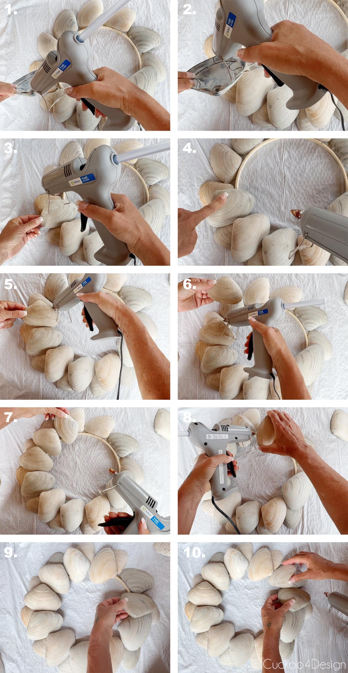 glueing down the second layer of large clam shells to the embroidery hoop