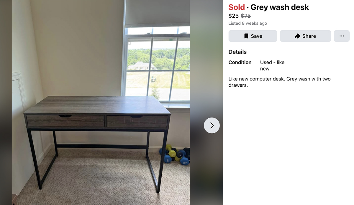 Facebook Marketplace listing photo of cheap gray washed desk