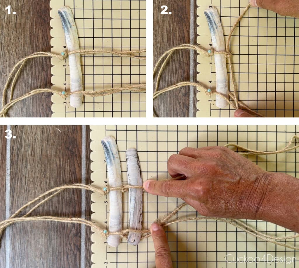 alternate method of tying the jute yarn strands around the razor clamshells