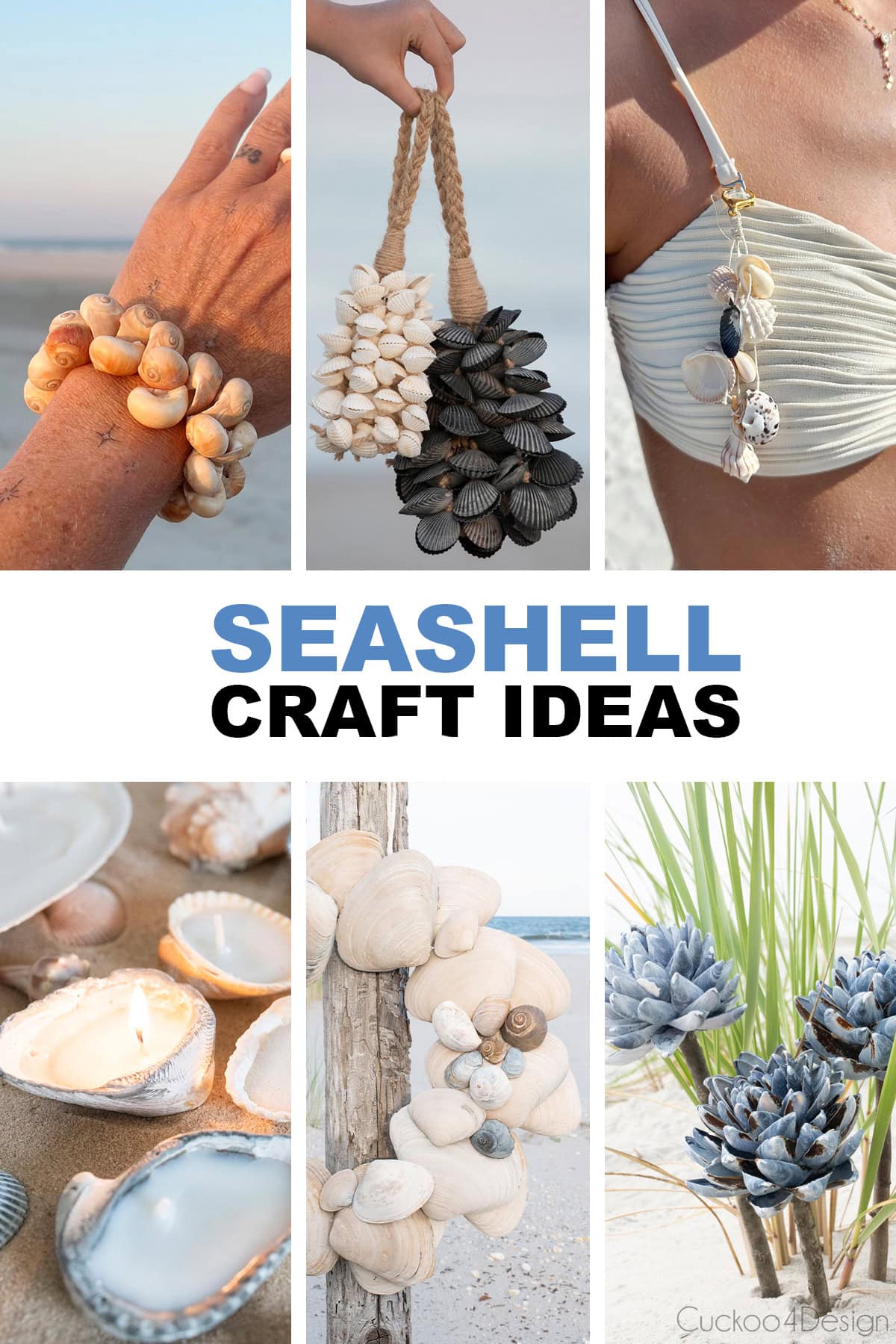 image collage of 6 unique DIY seashell crafts ideas