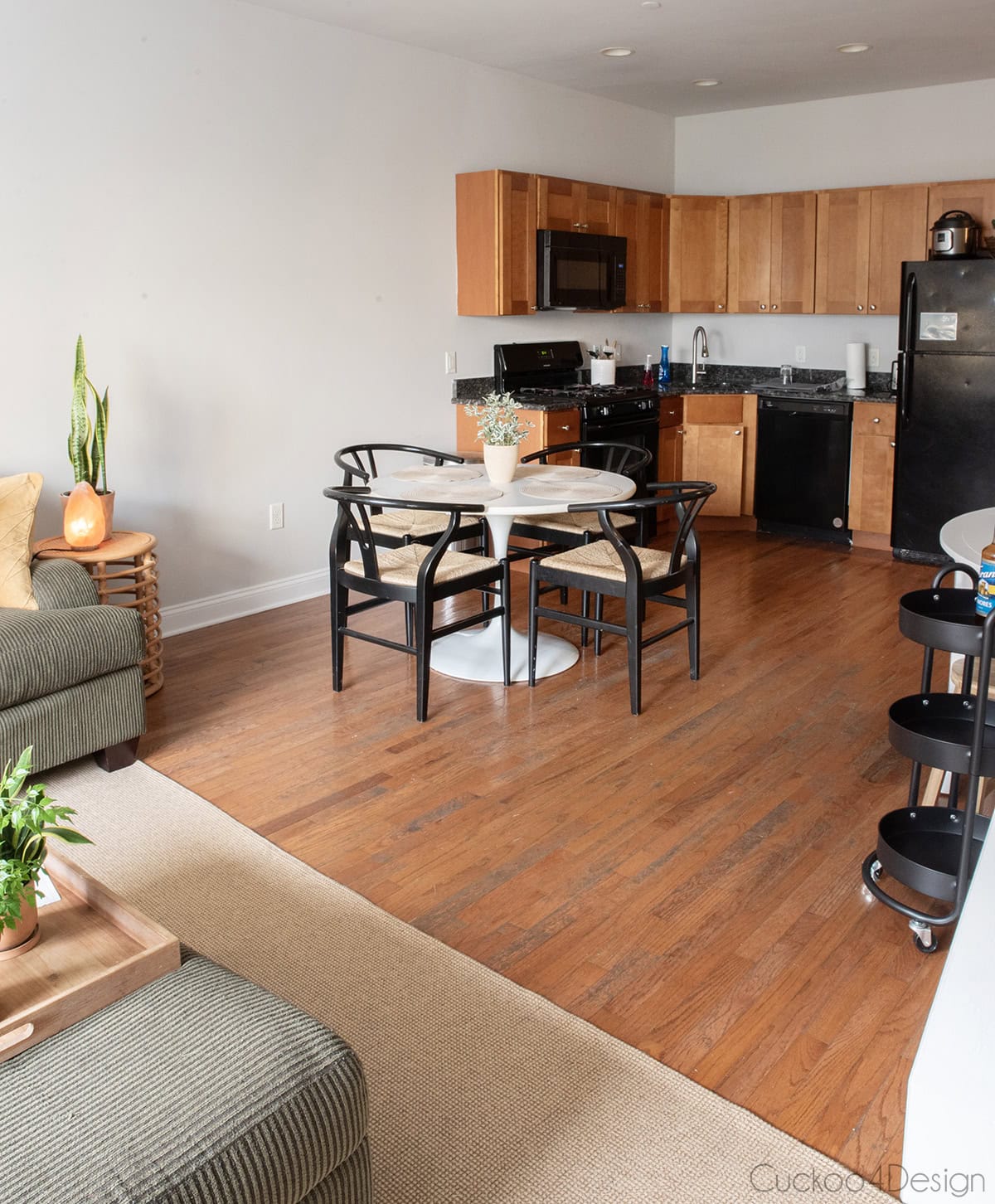 view from the living room into the college apartment kitchen
