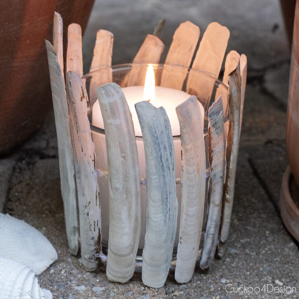 close-up of seashell candle holder using razor clamshells on jute yarn, with lit candle, surrounded by terracotta planters