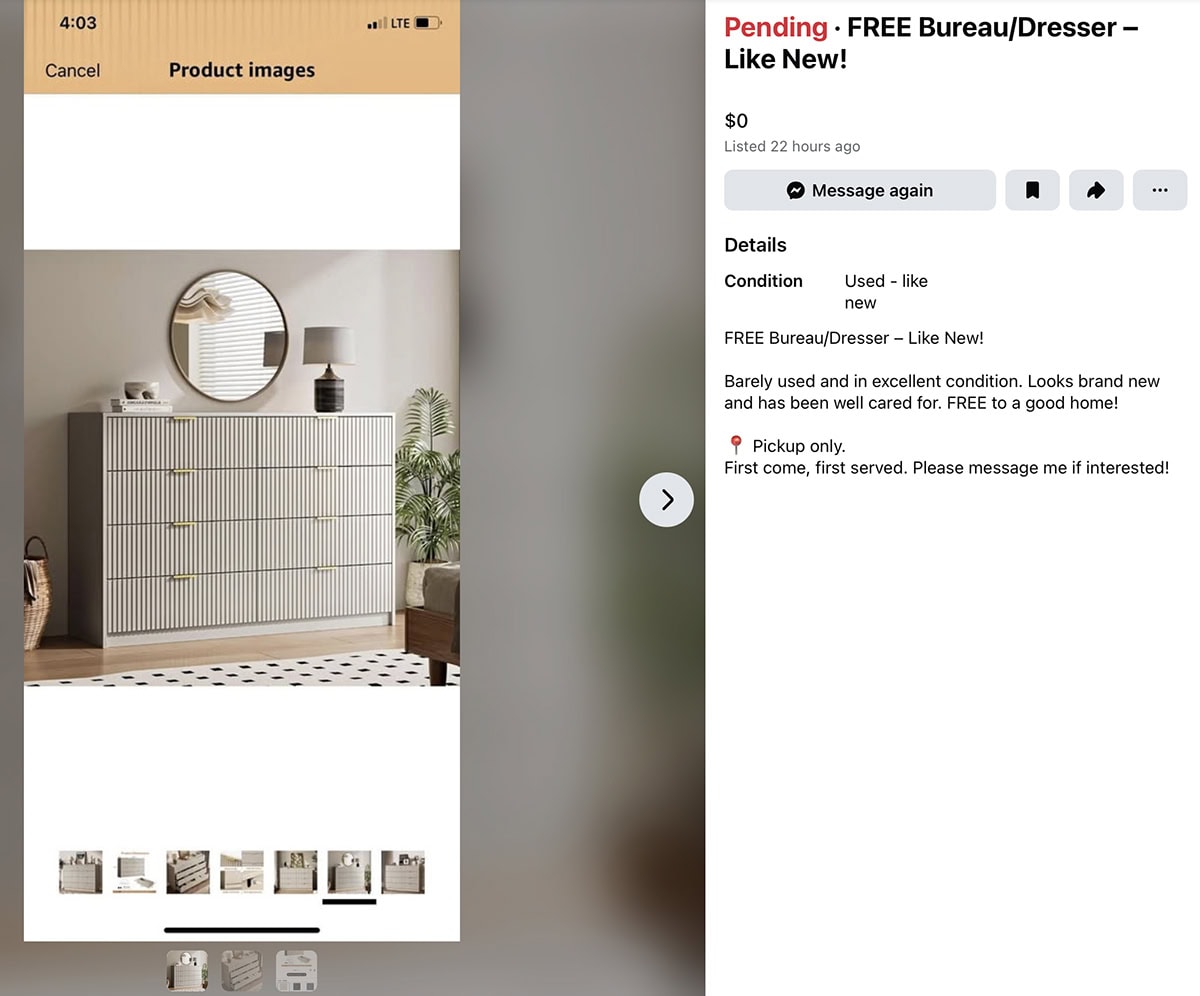 Facebook Marketplace listing photo of fluted MAISONARIA dresser