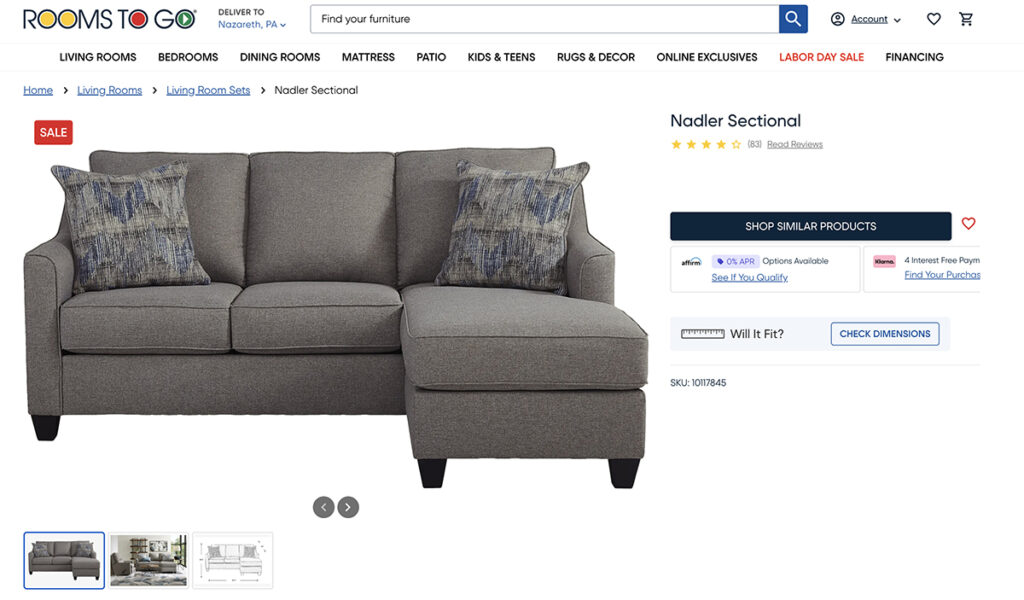 Nadler gray chenille sofa chaise as shown on the Rooms To Go website