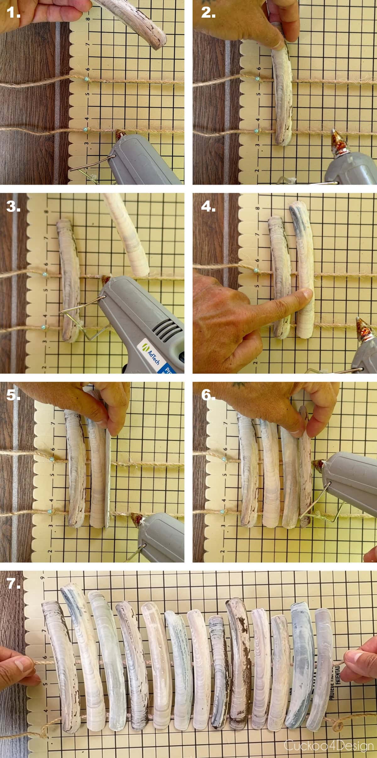 hot gluing each razor clamshell to the two jute yarn strings