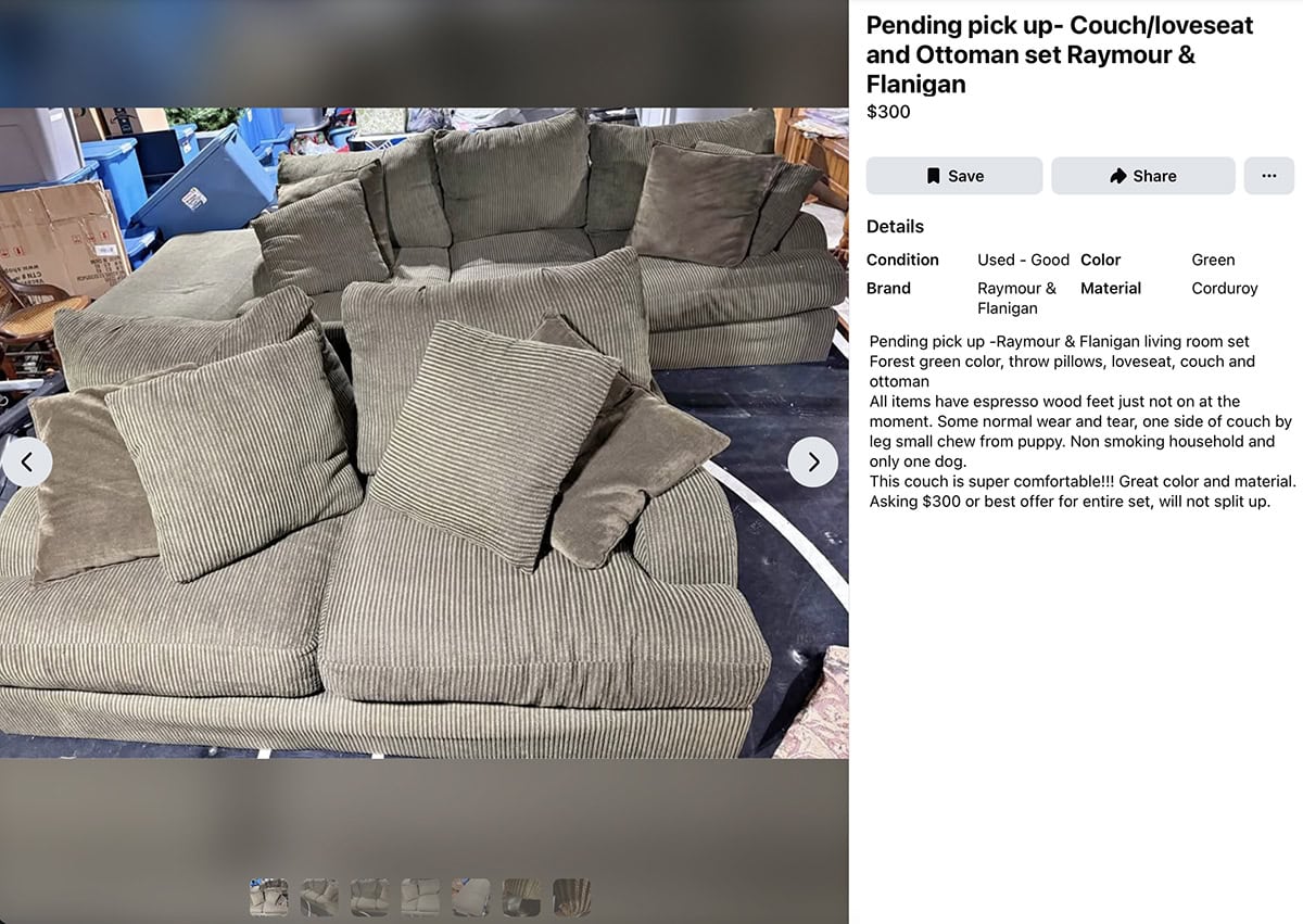 Facebook Marketplace listing photo of a fixed-frame Raymour & Flanigan Maverick sofa, a discontinued style now replaced by a modular version