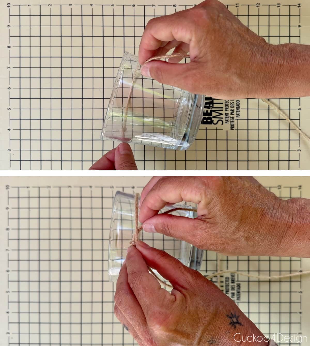 wrapping jute yarn around glass vessel to measure the circumference