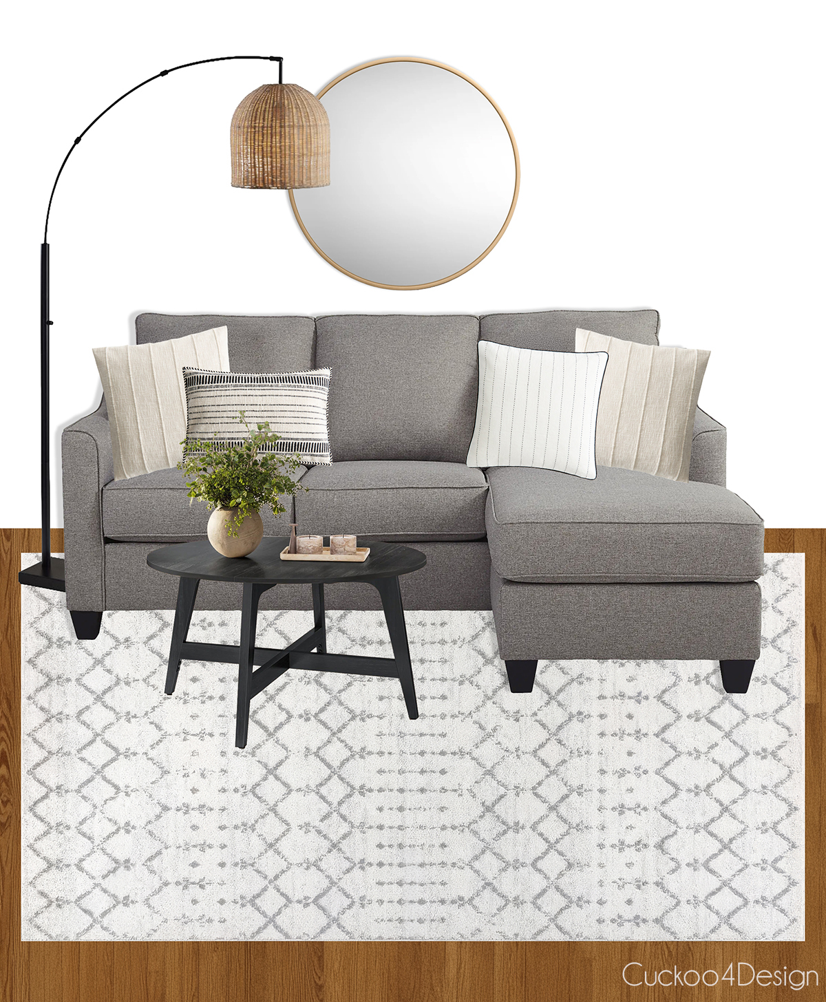 Mockup of the Nadler sofa paired with a floor lamp, round mirror, coffee table, and patterned area rug to visualize the apartment layout before buying