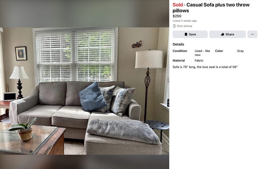 Facebook Marketplace listing photo of used gray Nadler sectional