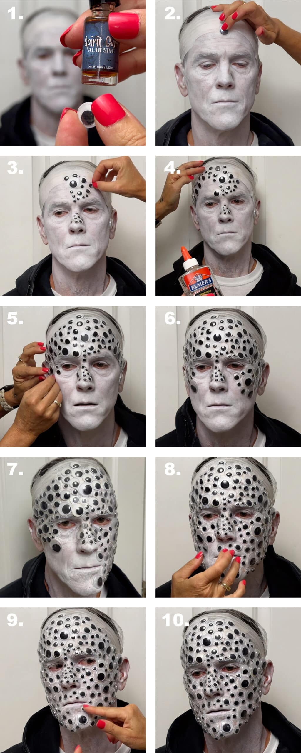 frontal view of a man getting googly eyes glued to his face
