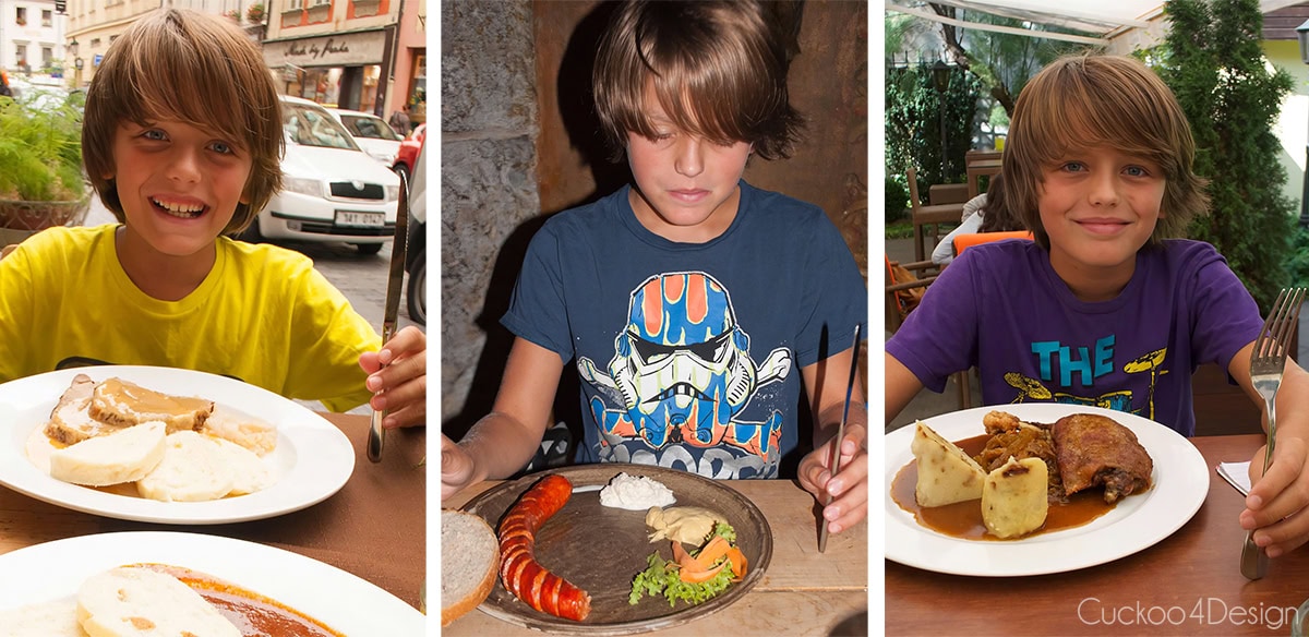 three photos of a boy eating Czech specialties in Prague
