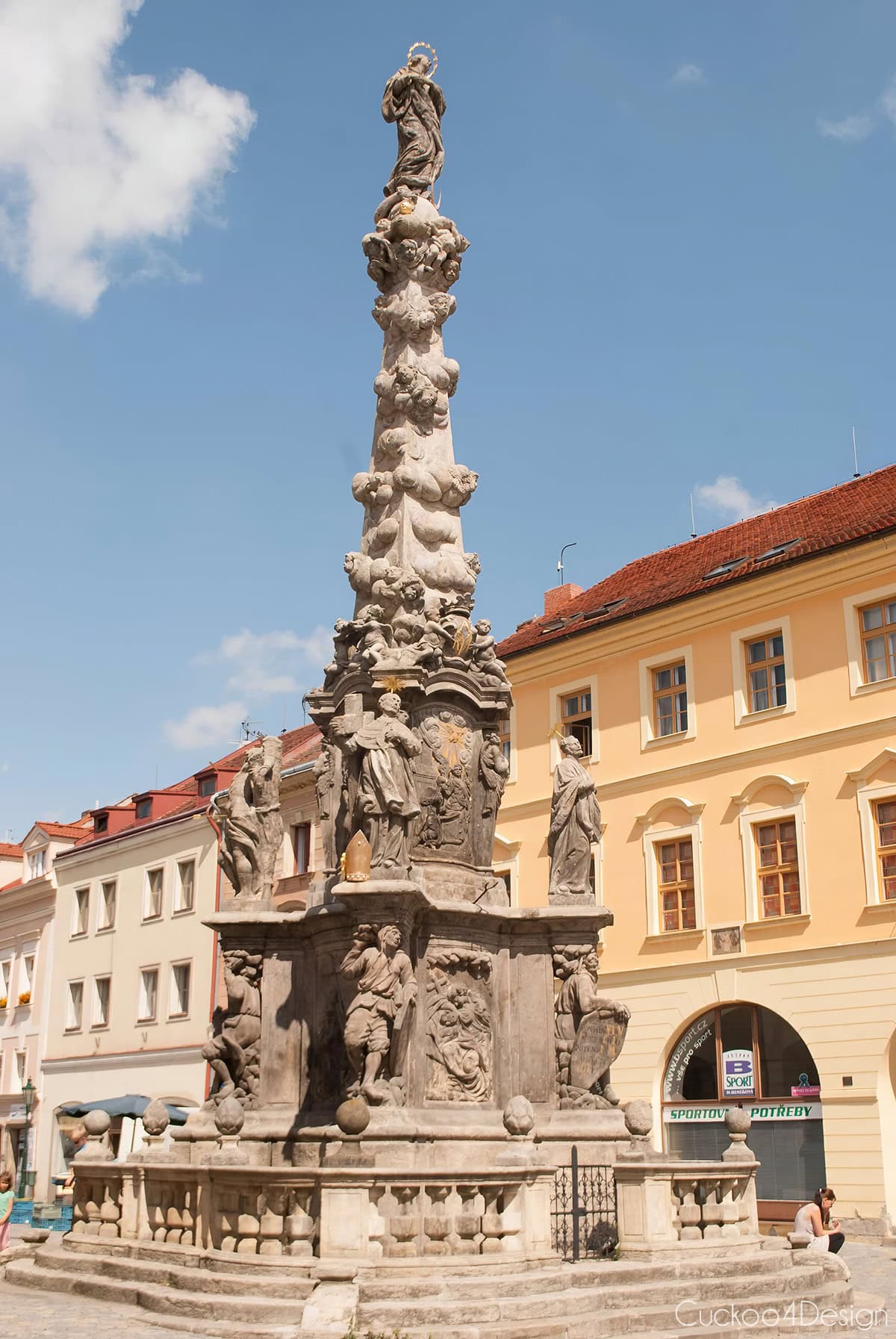 Baroque Marian column with carved saints and angels in Kutná Hora’s old town