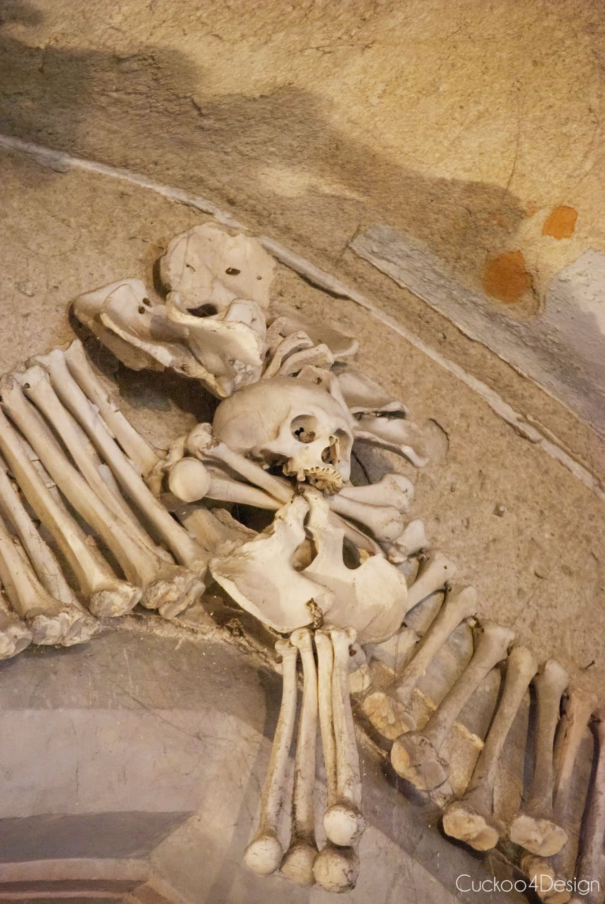Skull, crossed bones, and pelvis bones decorating the corner of an arch in the Sedlec Ossuary
